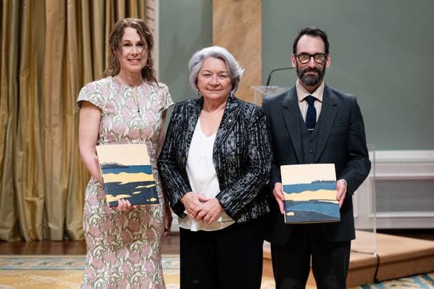 April 17, 2025, Ottawa, On, Canada: Gov. Gen. Mary Simon, centre, presents Jean E. Pendziwol, left, and Todd Stewart with the Governor GeneralöÄÃ s Literary Award in Young People s Literature Illustrated Books for Skating Wild on an Inland Sea during a ceremony at Rideau Hall in Ottawa, on Thursday, April 17, 2025. Ottawa Canada  - ZUMAc35_ 20250417_zaf_c35_038 Copyright: xSpencerxColbyx