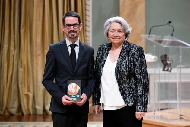 April 17, 2025, Ottawa, On, Canada: Gov. Gen. Mary Simon, right, presents Steve Poutrv with the Governor GeneralöÄÃ s Literary Award in Fiction for Lait cru during a ceremony at Rideau Hall in Ottawa, on Thursday, April 17, 2025. Ottawa Canada  - ZUMAc35_ 20250417_zaf_c35_042 Copyright: xSpencerxColbyx