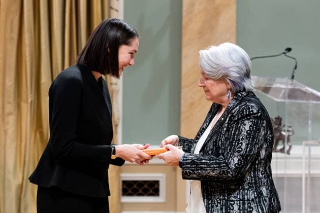 April 17, 2025, Ottawa, On, Canada: Gov. Gen. Mary Simon, right, presents Florence-Agathe Dubv -Moreau with the Governor GeneralöÄÃ s Literary Award in Non-Ficiton for Hors jeu : Chronique culturelle et fv ministe sur löÄÃ industrie du sport professionnel during a ceremony at Rideau Hall in Ottawa, on Thursday, April 17, 2025. Ottawa Canada  - ZUMAc35_ 20250417_zaf_c35_048 Copyright: xSpencerxColbyx