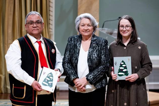 April 17, 2025, Ottawa, On, Canada: Gov. Gen. Mary Simon, centre, presents Charlotte Parent, right, and Ovila Fontaine with the Governor GeneralöÄÃ s Literary Award in Young People s Literature Illustrated Books for Le premier arbre de NovÂ l during a ceremony at Rideau Hall in Ottawa, on Thursday, April 17, 2025. Ottawa Canada  - ZUMAc35_ 20250417_zaf_c35_054 Copyright: xSpencerxColbyx