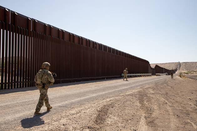 April 13, 2025 - Santa Teresa, New Mexico, USA - U.S. Soldiers, from 1st Battalion, 41st Infantry Regiment, 2nd Stryker Brigade Combat Team, 4th Infantry Division, assigned to Joint Task Force - Southern Border, conduct a patrol of the southern border near Santa Teresa, N.M., April 13, 2025. Under the direction of U.S. Northern Command, Joint Task Force Southern Border aligns efforts to seal the southern border and repel illegal activity and is responsible for full-scale, agile, and all-domain operations, which will allow for more effective and efficient DoD operations. Santa Teresa USA - ZUMAz03_ 20250413_shc_z03_458 Copyright: xU.S.xArmyx