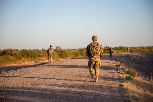 April 9, 2025 - Fort Hancock, New Mexico, USA - Soldiers, from 1st Platoon, A-Company, 1st Battalion, 41st Infantry Regiment, assigned to Joint Task Force-Southern Border, patrol the southern border, near Fort Hancock. Under the direction of U.S. Northern Command, Joint Task Force Southern Border aligns efforts to seal the southern border and repel illegal activity and is responsible for full-scale, agile, and all-domain operations, which will allow for more effective and efficient DoD operations. Fort Hancock USA - ZUMAz03_ 20250409_shc_z03_468 Copyright: xU.S.xArmyx