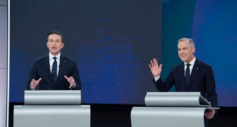 April 17, 2025, Montreal, Quebec, Canada: Conservative Leader Pierre Poilievre, left, and Liberal Leader Mark Carney participate in the English-language federal leaders debate in Montreal, Thursday, April 17, 2025. Montreal Canada  - ZUMAc35_ 20250417_zaf_c35_133 Copyright: xChristopherxKatsarovx