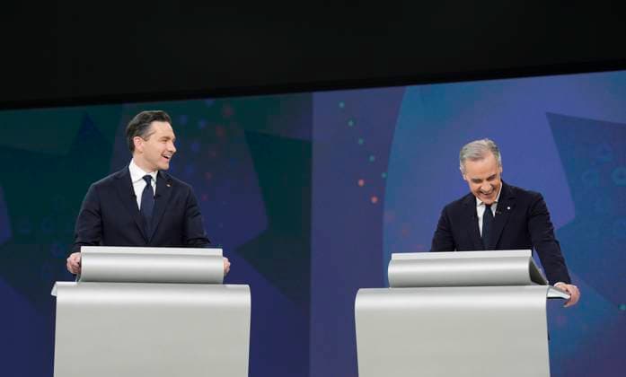 April 17, 2025, Montreal, Quebec, Canada: Conservative Leader Pierre Poilievre, left, and Liberal Leader Mark Carney participate in the English-language federal leaders debate in Montreal, Thursday, April 17, 2025. Montreal Canada  - ZUMAc35_ 20250417_zaf_c35_173 Copyright: xChristopherxKatsarovx