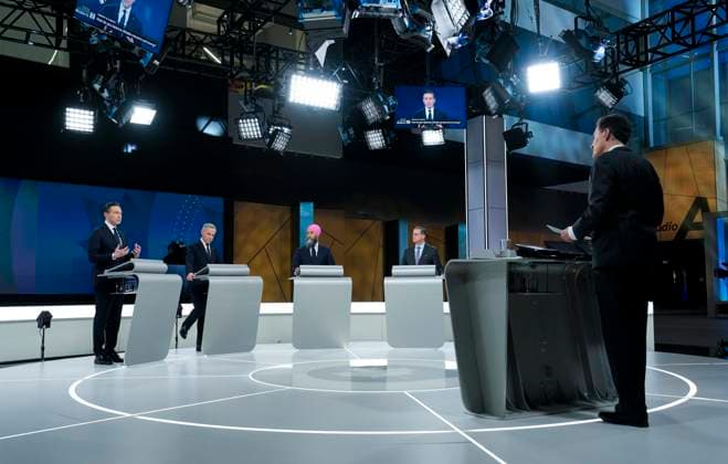 April 17, 2025, Montreal, Quebec, Canada: Conservative Leader Pierre Poilievre, left to right, Liberal Leader Mark Carney and New Democratic Party Leader Jagmeet Singh and Bloc Quebecois Leader Yves-Francois Blanchet participate in the English-language federal leaders debate in Montreal, Thursday, April 17, 2025., as TVO s Steve Paikin moderates at right. Montreal Canada - ZUMAc35_ 20250417_zaf_c35_184 Copyright: xAdrianxWyldx