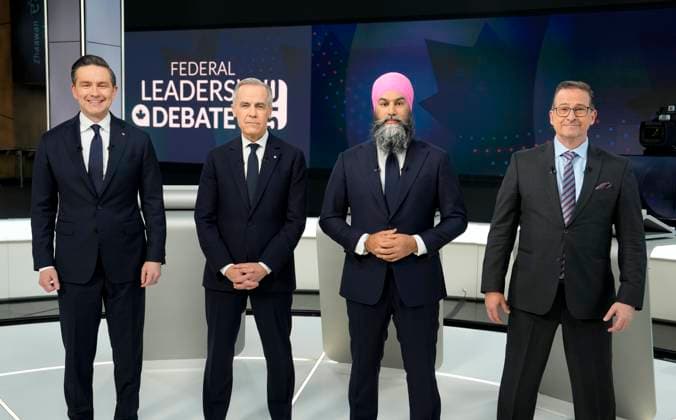 April 17, 2025, Montreal, Pq, Canada: Conservative Leader Pierre Poilievre, left to right, Liberal Leader Mark Carney, New Democratic Party Leader Jagmeet Singh, and Bloc Quebecois Leader Yves-Francois Blanchet, take part in a group photo prior participating in the English-language federal leaders debate, in Montreal, Thursday, April 17, 2025. Montreal Canada  - ZUMAc35_ 20250417_zaf_c35_206 Copyright: xAdrianxWyldx