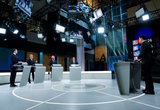 April 17, 2025, Montreal, Quebec, Canada: Conservative Leader Pierre Poilievre, left to right, Liberal Leader Mark Carney, New Democratic Party Leader Jagmeet Singh and Bloc Quebecois Leader Yves-Francois Blanchet participate in the English-language federal leaders debate in Montreal, Thursday, April 17, 2025., as TVO s Steve PaikinÃ‚ moderates at right. Montreal Canada  - ZUMAc35_ 20250417_zaf_c35_211 Copyright: xAdrianxWyldx
