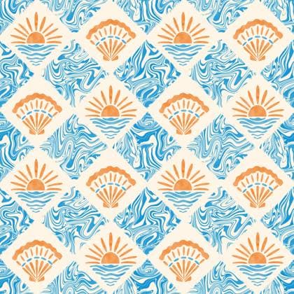 Nautical groovy seamless pattern. Watercolor seashells and sunset sun tiles on marble textured background. Summer joyful design for swimwear, home decor, textile. Blue wavy swirls repeat , 59129114.jpg, sea, shell, groovy, pattern, seamless, sun, marble, liquid, wavy, water, summer, vacation, wallpaper, nature, texture, print, whimsical, seashell, seashore, fun, coastal, repeat, textile, design, background, fabric, beach, swimwear, illustration, waves, playful, blue, orange, psychedelic, dynamic, watercolor, stain, flow, modern, abstract, swirl, italian, tile, diamond, mideterranean, ocean, joyful, nautical, sunset RECORD DATE NOT STATED