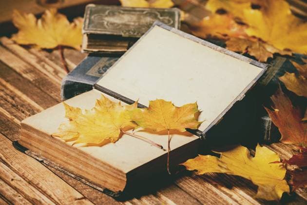Bücher und Herbstblätter Old vintage books and variety of red and yellow autumn leaves over wooden plank table. Fall background. (License=RF) Copyright: xZoonar.com NATASHAxBREENx 23211449