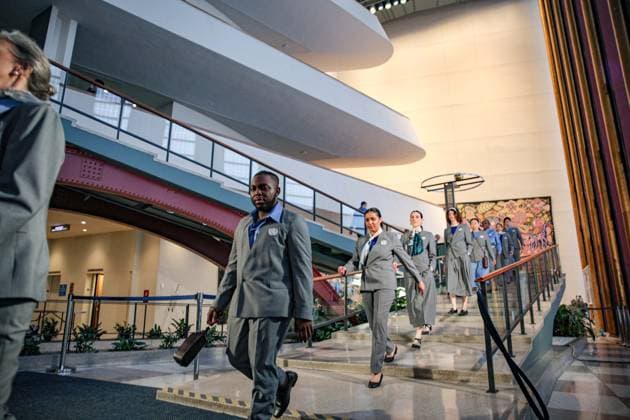 April 22, 2025, New York, New York, USA: The UNHQ held a fashion show releasing the newest designs for UN tour guides at all locations. The tour guides from UNHQ were also the models..A design put together by a collective of 20 designers all from the Swedish School of Textiles focusing on a new avant-garde design. The aim is for sustainability in fashion and to raise awareness in sustainable living for a forward thinking ethos. New York USA - ZUMAo116 20250422_znp_o116_044 Copyright: xBiancaxOterox