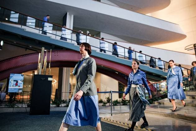 April 22, 2025, New York, New York, USA: The UNHQ held a fashion show releasing the newest designs for UN tour guides at all locations. The tour guides from UNHQ were also the models..A design put together by a collective of 20 designers all from the Swedish School of Textiles focusing on a new avant-garde design. The aim is for sustainability in fashion and to raise awareness in sustainable living for a forward thinking ethos. New York USA - ZUMAo116 20250422_znp_o116_057 Copyright: xBiancaxOterox