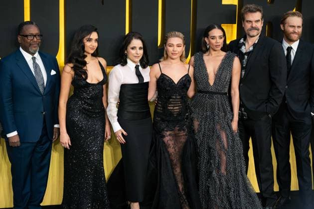 Entertainment Themen der Woche KW17 Entertainment Bilder des Tages European Premiere of Marvel Studios Thunderbolts At Cineworld Leicester Square LONDON, ENGLAND - APRIL 22: (L-R) Wendell Pierce, Geraldine Viswanathan, Julia Louis-Dreyfus, Florence Pugh, Hannah John-Kamen, David Harbour and Wyatt Russell attend the European Premiere of Marvel Studios Thunderbolts* at Cineworld Leicester Square on April 22, 2025 in London, England. (Credit Lounis Tiar Avalon Red), Credit:Lounis Tiar Avalon United Kingdom, London, Leicester Square  Copyright: xLounisxTiarx xAvalonx 0990880830