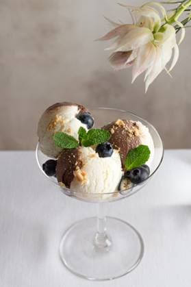 A tempting serving of vanilla and chocolate ice cream scoops adorned with fresh blueberries and mint leaves, presented elegantly in a clear glass. Model Released JuliaKuvaldina_ID27902_801535_003 Copyright: xJuliaxKuvaldinax RECORD DATE NOT STATED