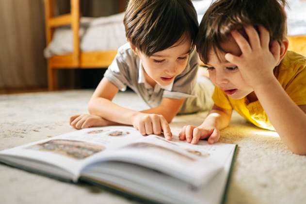Brothers reading a book together at home model released, Symbolfoto property released, ANAF04612