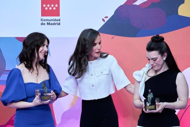 24-04-2025 Madrid Queen Letizia with Ledicia Costas and Marina Montero Aquirre at the presentation of the 47th edition of the childrens and youth literature El Barco de Vapor and Gran Angular awards in Madrid. No Spain Â  Copyright: xPPEx