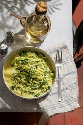 Creamy garlic zucchini noodles (zoodles) served as a healthy low-carb pasta alternative Creamy garlic zucchini noodles (zoodles) served as a healthy low-carb pasta alternative Copyright: xJuliaxBogdanovax JBO310325-11
