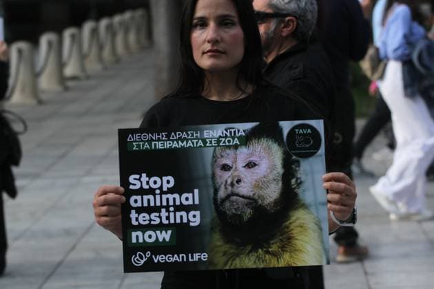 April 26, 2025, Athens, Greece: On World Day for Animals in Laboratories, Vegan Life organized a powerful demonstration in Syntagma Square, urging the end of animal testing. The event highlighted the cruelty faced by animals in laboratories and called for the global adoption of more humane, ethical alternatives to animal experiments. Athens Greece - ZUMAv62_ 20250426_zaf_v62_016 Copyright: xAristidisxVafeiadakisx
