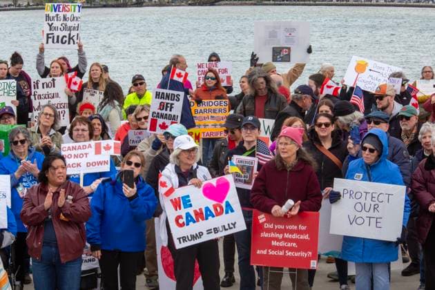 April 26, 2025, Detroit, Michigan, USA: Detroit, Michigan USA - 26 April 2025 - A Bridging Our Friendship rally on the banks of the Detroit River pushes back at the anti-Canada attitude of the Trump Administration. A similar rally took place acress the river in Windsor, Ontario, and at other border crossings in Michigan and Ontario. Detroit USA - ZUMAw66_ 20250426_zaf_w66_010 Copyright: xJimxWestx