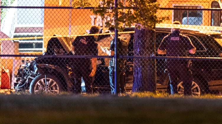 April 26, 2025, Vancouver, Bc, CANADA: Vancouver Police look over a black car believed to be involved in an incident where a vehicle drove into a crowd at the Lapu Lapu Festival in Vancouver on Saturday April 26, 2025. There has been a number of fatalities and numerous injuries. Vancouver CANADA  - ZUMAc35_ 20250426_zaf_c35_081 Copyright: xRichxLamx