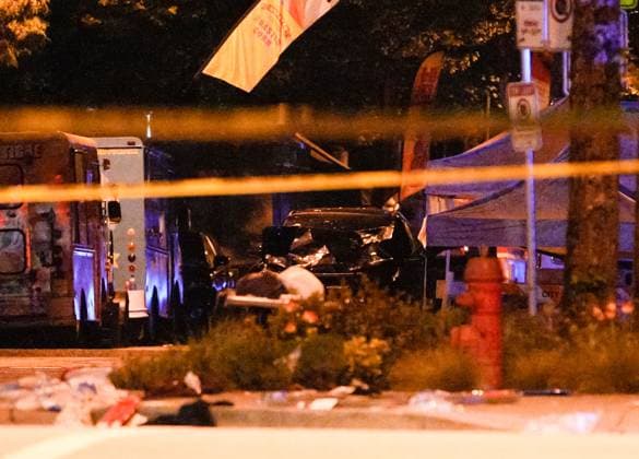 (250427) -- VANCOUVER, April 27, 2025 -- This photo taken on April 27, 2025 shows the car which was driven into a crowd in Vancouver, Canada. Nine people have been confirmed dead after a driver drove into a crowd at a street festival in Vancouver, Canada, on Saturday evening, local police said on Sunday. (Photo by Xinhua) PhotoFlash 9 people killed in Vancouver street festival as car driven into crowd LiangxSen 