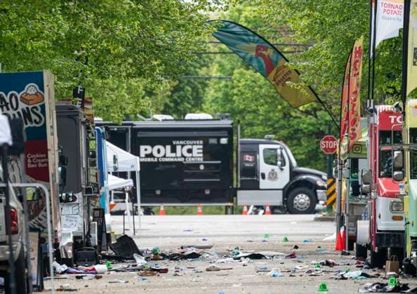 April 27, 2025, Vancouver, Bc, CANADA: Debris lay on 43rd Avenue in Vancouver, where a vehicle drove into crowd at a street festival the night before, on Sunday April 27, 2025. Vancouver CANADA  - ZUMAc35_ 20250427_zaf_c35_020 Copyright: xRichxLamx