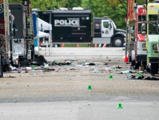 April 27, 2025, Vancouver, Bc, CANADA: Evidence markers line 43rd Avenue in Vancouver, where a vehicle drove into crowd at a street festival on the night before, on Sunday April 27, 2025. Vancouver CANADA  - ZUMAc35_ 20250427_zaf_c35_021 Copyright: xRichxLamx