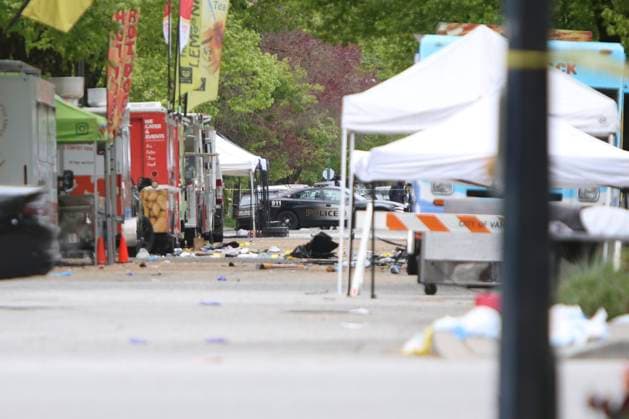 April 28, 2025, Vancouver, Vancouver, Bc, Canada: Police officers working on 41st and Fraser in Vancouver on April 28, 2025, two days after a car drove into a crowd during the Lapu Lapu Festival. Police said a 30-year-old man drove his car into a crowd at a Filipino street festival, killing at least eleven people and injuring multiple others. ( ) Vancouver Canada - ZUMAp175 1061483016st Copyright: xTomazxJr Pximagesx