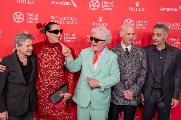 From left, actor Mikhail Baryshnikov, actress Rossy de Palma, Spanish film director Pedro Almodovar, actor John Waters and actor John Turturro poses during the red carpet at the 50th Chaplin Awards 2025 in New York, USA, 28 April 2025. Pedro Almodovar receives the Chaplin Award during the 50th edition of the Chaplin Prize !ACHTUNG: NUR REDAKTIONELLE NUTZUNG!  Copyright: xAngelxColmenaresx AME3449 20250429-55016669347_1