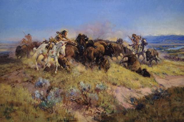 Charles Marion Russell (1864-1926). American artist. Buffalo Hunt No. 40, ca. 1919. Charles Marion Russell (1864-1926). American artist. Buffalo Hunt No. 40, ca. 1919. Oil on canvas. Denver Art Museum. Denver, Colorado, United States. United States  Copyright: xKenaxImagesx 353-11996