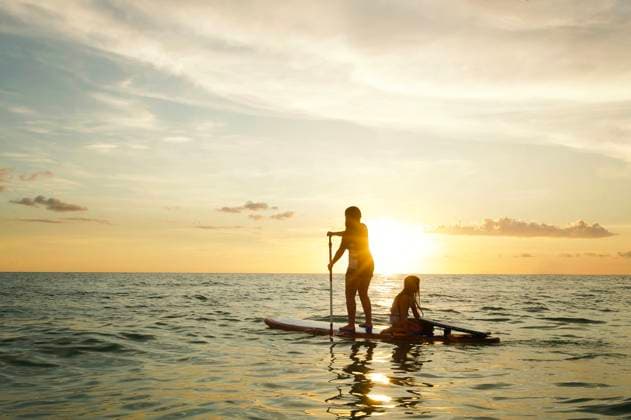 Creative Highlights Symbolfotos Sihoutte young sisters paddle boardin in Gulf of Mexico at sunse Anna Maria, Florida, United States CR_JOKU250428A-1708638-01 ,model released, Symbolfoto
