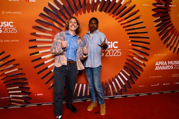 APRA MUSIC AWARDS 2025, Roy Kellaway and Theo Dimathaya pose for a photo during the 2025 APRA Music Awards at Melbourne Town Hall in Melbourne, Wednesday, April 30, 2025. ( NO ARCHIVING MELBOURNE VICTORIA AUSTRALIA  Copyright: xCONxCHRONISx 20250430121354704938