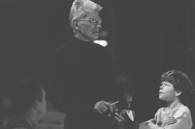 A Sunday Times Picture by Frank Herrmann. Samuel B A Sunday Times Picture by Frank Herrmann. Samuel Beckett, on a visit to London, overseas the rehearsal of one of his plays at the Riverside Theatre, Hammersmith. While he was there, artist Tom Phillips was sketching him. Neg No: X1874A 29.02.1984.  Copyright: xFrankxHerrmannx