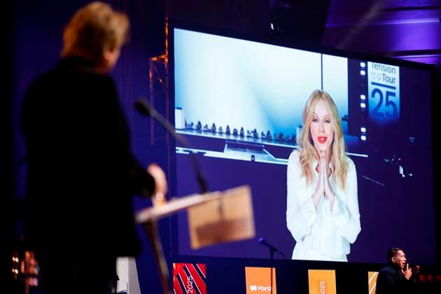 APRA MUSIC AWARDS 2025, Kylie Minogue is seen via video link from overseas accepting her Ted Albert Award during the 2025 APRA Music Awards at Melbourne Town Hall in Melbourne, Wednesday, April 30, 2025. ( NO ARCHIVING MELBOURNE VICTORIA AUSTRALIA  Copyright: xCONxCHRONISx 20250430155001783257