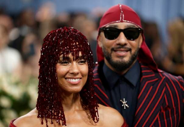 Alicia Keys and Swizz Beatz arrive on the red carpet at the 2025 Met Gala celebrating the opening of Superfine: Tailoring Black Style at The Metropolitan Museum of Art on Monday, May 5, 2025 in New York City.  NYP20250505152 JOHNxANGELILLO