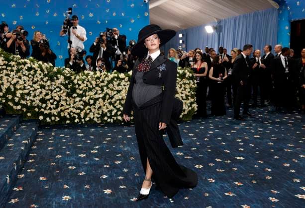 Rihanna arrives on the red carpet at the 2025 Met Gala celebrating the opening of Superfine: Tailoring Black Style at The Metropolitan Museum of Art on Monday, May 5, 2025 in New York City.  NYP20250505901 JOHNxANGELILLO