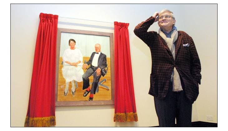 Not for publication untill 00.01 hours Thursday 16 Jan 2003. David Hockney unveils his new portrait of opera impressario Sir George Christie and his wife Mary at the National Portrait Gallery. Not for publication untill 00.01 hours Thursday 16 Jan 2003. pic David Sandison 14 1 2003 Copyright: xDavidxSandisonx DMGTCHPDPICT000389754102