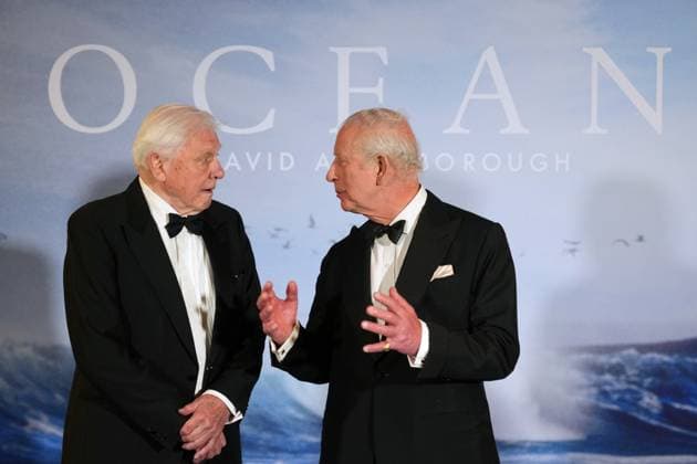 King Charles III attends David Attenborough s film premiere in London, 06 May 2025 London, UK, 06 May 2025: Britain s King Charles III meets broadcaster and biologist David Attenborough as he attends the Ocean with David Attenborough film premiere in London., Credit:Alastair Grant Avalon GBR, London  Copyright: xAlastairxGrantx xAvalonx 0995793080