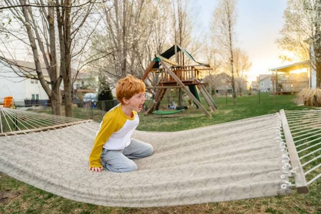Creative Highlight Symbolbilder Boy with big smile playing in hammock in backyard during springtime Grimes, Iowa, United States R_LIPF250505-1716796-01 ,model released, Symbolfoto