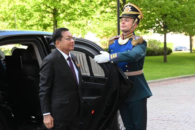 President of Russia Vladimir Putin s meeting with foreign leaders 8920082 09.05.2025 Chairman of the State Administrative Council of Myanmar General Min Aung Hlaing arrives at the Kremlin to meet with Russian President Vladimir Putin ahead of the military parade to mark the 80th anniversary of Victory. On May 9, Russia celebrates the 80th anniversary of Victory in the Great Patriotic War of 1941-1945. Crediting the source in the following order photographer s name Host photo agency RIA Novosti is mandatory when using the photo Alexandr Kryazhev Host photo agency RIA Novosti Moscow Russia  Copyright: xAlexandrxKryazhevx