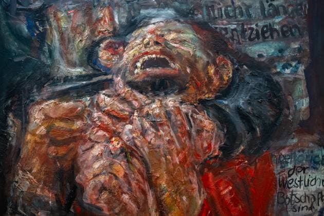 Malerei Bildemnde Kunst Kunst Kultur 09.05.2025 Leipzig Museum der bildenden Künste Kabinett Ausstellung Bernhard Heisig Geburtstagsstilleben mit Ikarus zum 100 Geburtstag Ausschnitt ¦die Armee konnte sich der Verantwortung nicht länger entziehen¦ Chile 12.September 1973 Gerhard Heisig Leipzig GER