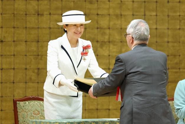 Japan Empress Masako at Red Cross event Japanese Empress Masako hands out awards to people who have contributed to the Japanese Red Cross Society s activities during the body s event in Tokyo on May 13, 2025. (Pool photo)  A14AA0004538207P