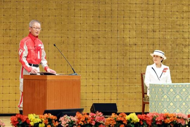 Japan Empress Masako at Red Cross event Japanese Empress Masako listens to Japanese Red Cross Aichi Medical Center Nagoya Daini Hospital s emergency unit chief Shinji Inada speaking at a Japanese Red Cross Society event in Tokyo on May 13, 2025. (Pool photo)  A14AA0004538316P