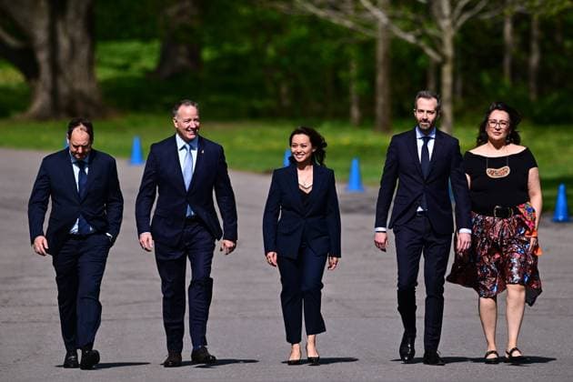 May 13, 2025, Ottawa, On, Canada: Steven MacKinnon, left to right, Stephen Fuhr, Rechie Valdez, Joel Lightbound and Mandy Gull-Masty arrive for a cabinet swearing-in at Rideau Hall in Ottawa on Tuesday, May 13, 2025. Ottawa Canada  - ZUMAc35_ 20250513_zaf_c35_049 Copyright: xSpencerxColbyx