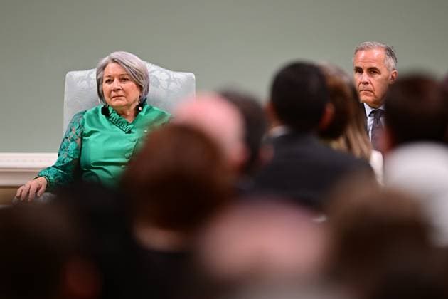 May 13, 2025, Ottawa, On, Canada: Gov. Gen. Mary Simon, left, and Prime Minister Mark Carney are shown during a cabinet swearing-in ceremony at Rideau Hall in Ottawa on Tuesday, May 13, 2025. Ottawa Canada  - ZUMAc35_ 20250513_zaf_c35_055 Copyright: xSpencerxColbyx