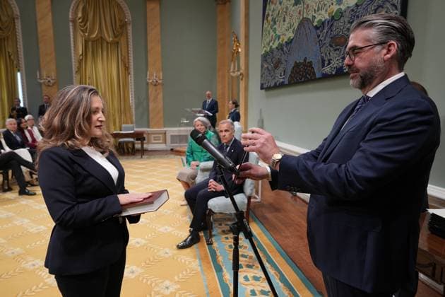 May 13, 2025, Ottawa, On, CANADA: Chrystia Freeland, Minister of Transport and Internal Trade, takes part in the cabinet swearing-in ceremony at Rideau Hall in Ottawa on Tuesday, May 13, 2025. Ottawa CANADA  - ZUMAc35_ 20250513_zaf_c35_072 Copyright: xChristinnexMuschix