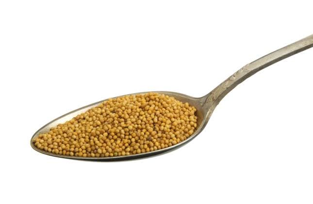 Senf in einem alten Löffel vor einem weißen Hintergrund. Gewürz auf Isolat. Blick von oben. Senfkörner Trockengewürz Senf in einem alten Löffel isoliert auf einem weißen Hintergrund. Spice auf Isolat. Blick von oben. Mustard Seeds Trockengewürz Copyright: imageBROKER VSaurei ibxiqx13306423.jpg