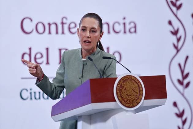 Mexico™s President Claudia Sheinbaum Holds Briefing Mexico™s President Claudia Sheinbaum Pardo, speaks about the possibility of remittances being taxed at 5% from the United States during a briefing conference at National Palace. on May 14, 2025 in Mexico City, Mexico. (Photo by Carlos Santiago Eyepix Group) Copyright: xCarlosxSantiago xEyepixxGroupx CS_14052025_155497
