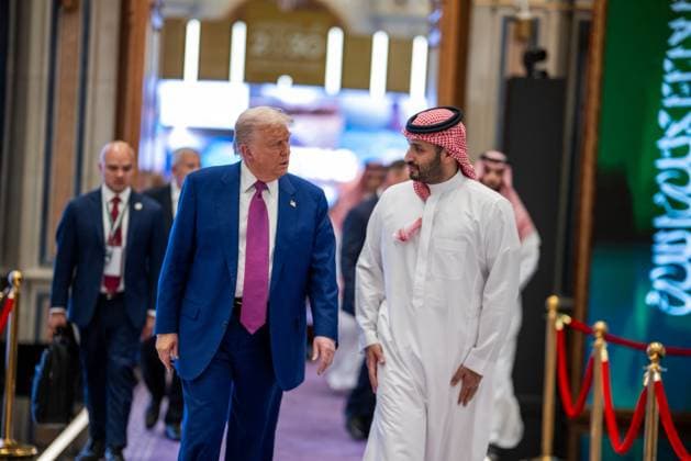 May 13, 2025, Riyadh, Riyadh Province, Saudi Arabia: U.S President Donald Trump, left, and Saudi Crown Prince Mohammed bin Salman, right, arrive together for the Saudi-U.S. Investment Forum at the King Abdulaziz International Conference Center, May 13, 2025, in Riyadh, Saudi Arabia. Riyadh Saudi Arabia - ZUMAp138 20250513_zaa_p138_026 Copyright: xHandout WhitexHousex