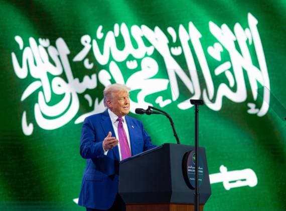 May 13, 2025, Riyadh, Riyadh Province, Saudi Arabia: U.S President Donald Trump, standing in front of a Saudi flag, addresses the Saudi-U.S. Investment Forum at the King Abdulaziz International Conference Center, May 13, 2025, in Riyadh, Saudi Arabia. Riyadh Saudi Arabia - ZUMAp138 20250513_zaa_p138_029 Copyright: xHandout WhitexHousex