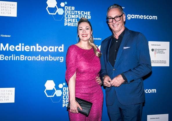 Entertainment, Verleihung des deutschen Computerspielpreis 2025 14.05.2025, xdanx, Entertainment, Verleihung des deutschen Computerspielpreis 2025 emspor, v.l. Ruth Moschner und Helge Juergens bei der Verleihung des Deutschen Computerspielpreises 2025 am Funkturm Berlin. Berlin Palais am Funkturm Berlin Deutschland (DE) Copyright: xDanielxLakomskix